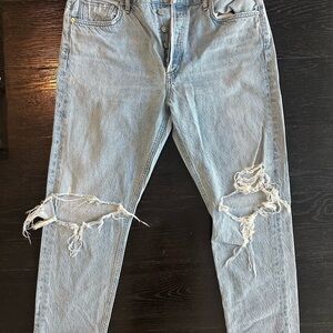 Agolde Boyfriend Style Distressed Light Blue Jeans with Button Closure